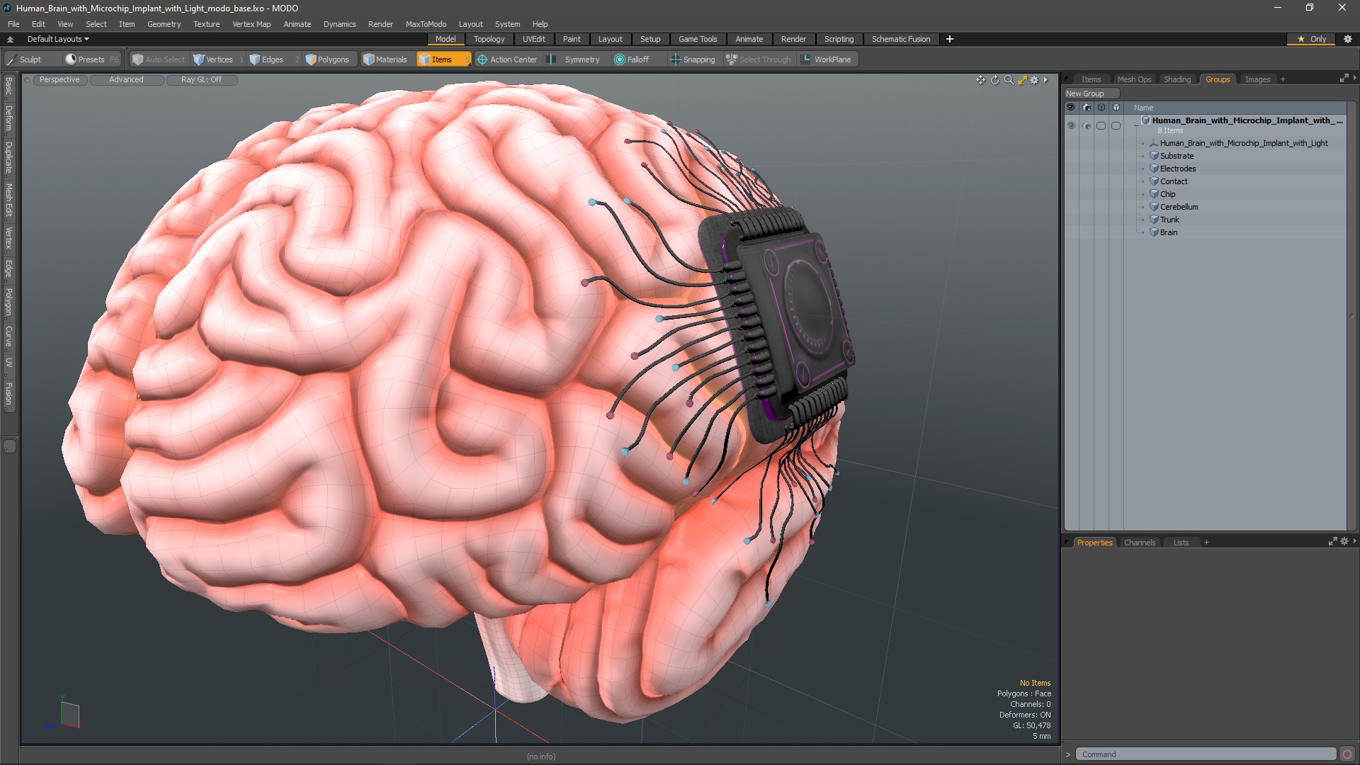 3D model Human Brain with Microchip Implant with Light