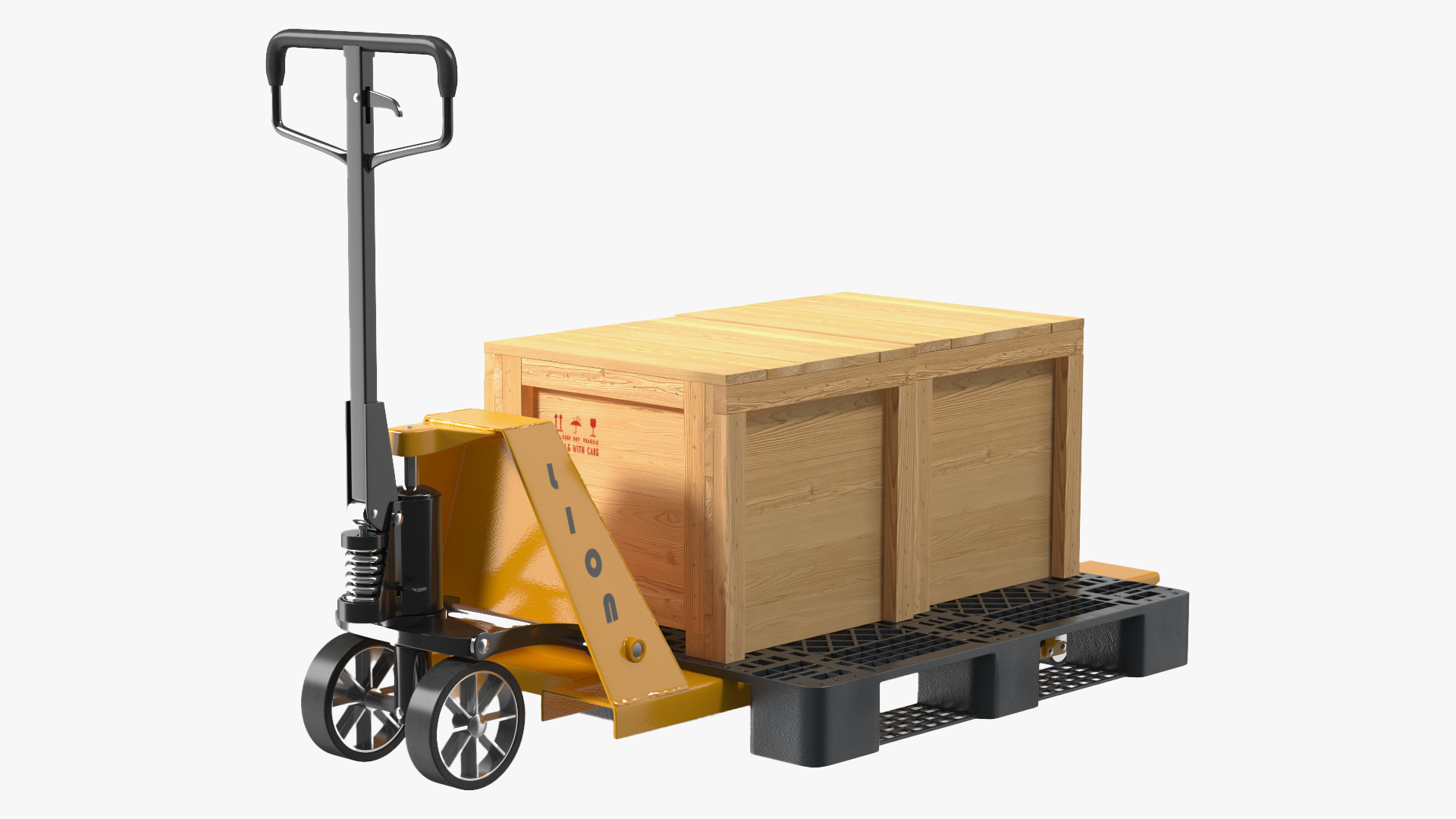 3D Lion Industrial Standard Duty Pallet Jack with Wooden Crates Rigged for Cinema 4D