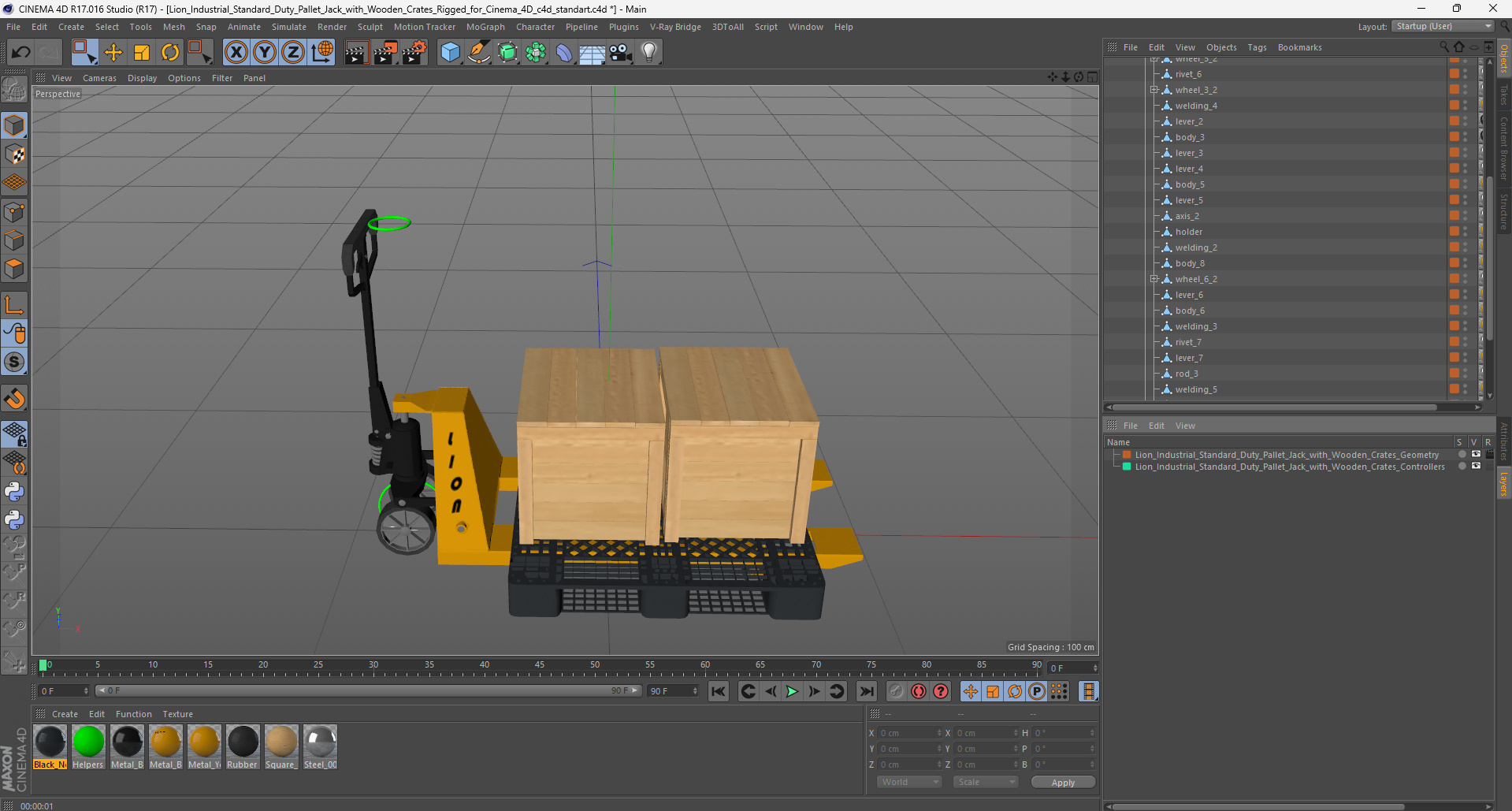 3D Lion Industrial Standard Duty Pallet Jack with Wooden Crates Rigged for Cinema 4D