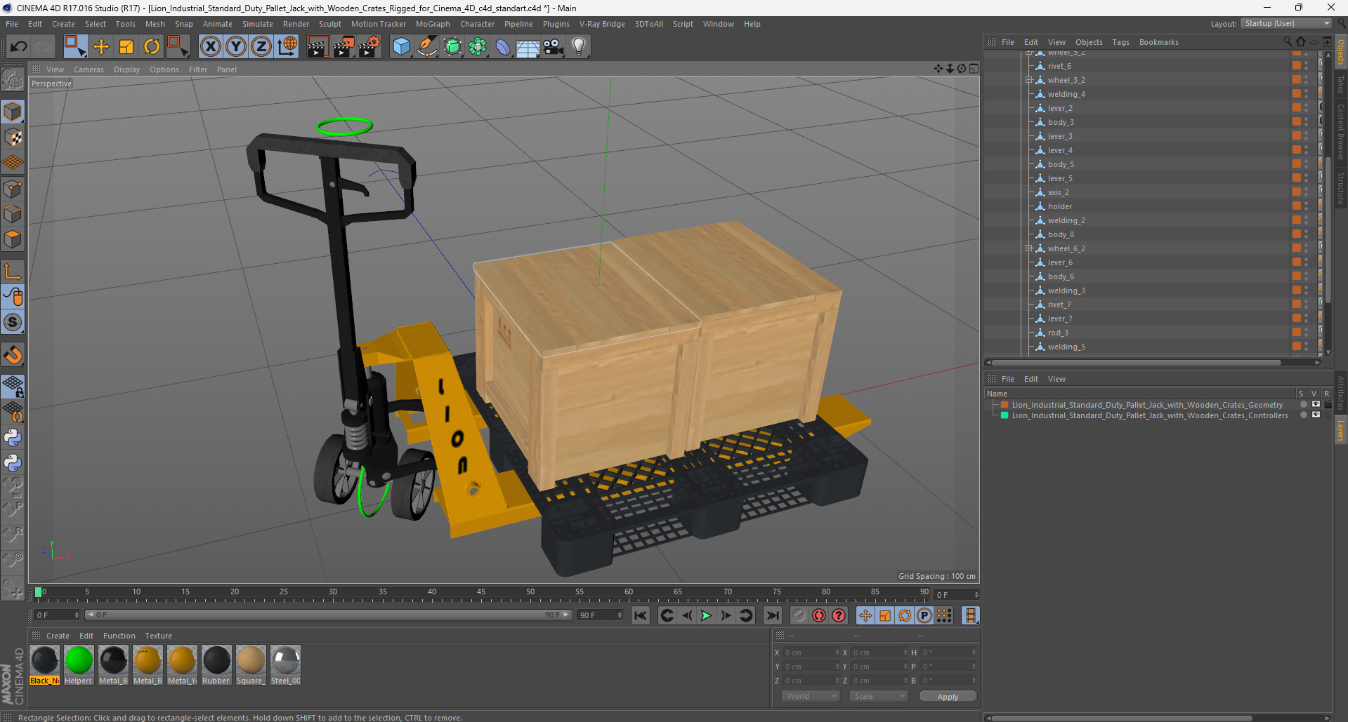 3D Lion Industrial Standard Duty Pallet Jack with Wooden Crates Rigged for Cinema 4D