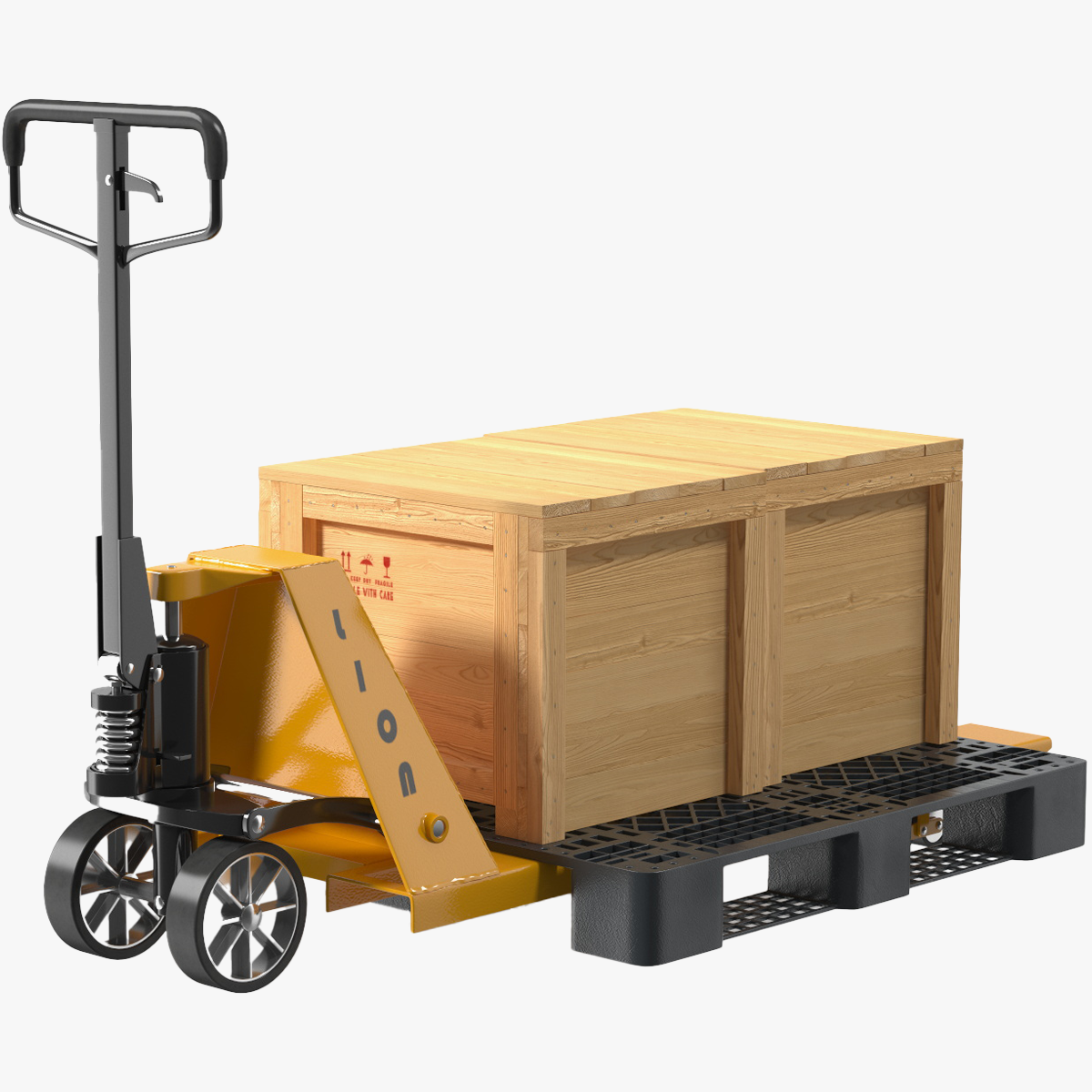 3D Lion Industrial Standard Duty Pallet Jack with Wooden Crates Rigged for Cinema 4D