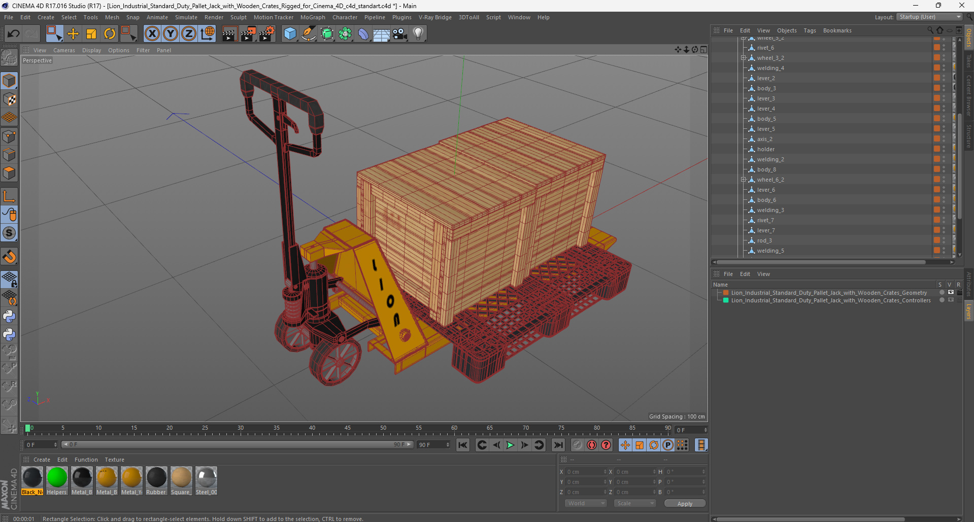 3D Lion Industrial Standard Duty Pallet Jack with Wooden Crates Rigged for Cinema 4D