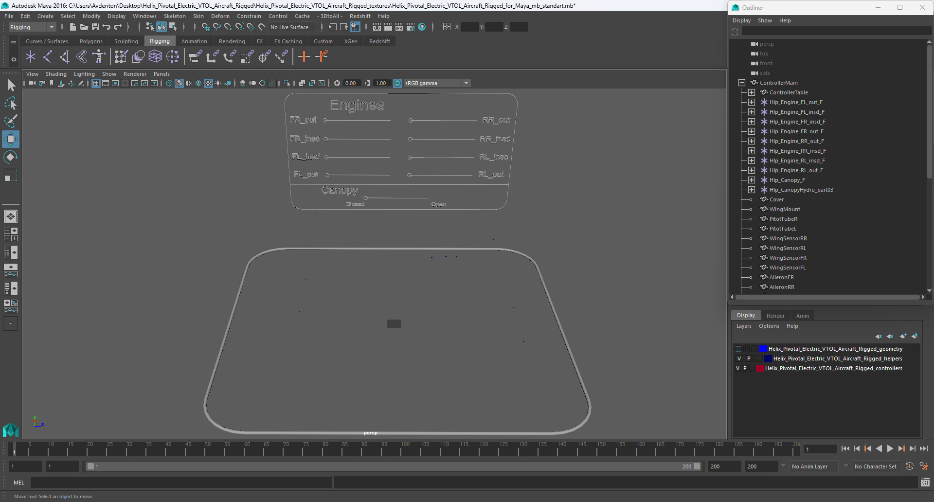 Helix Pivotal Electric VTOL Aircraft Rigged for Maya 3D