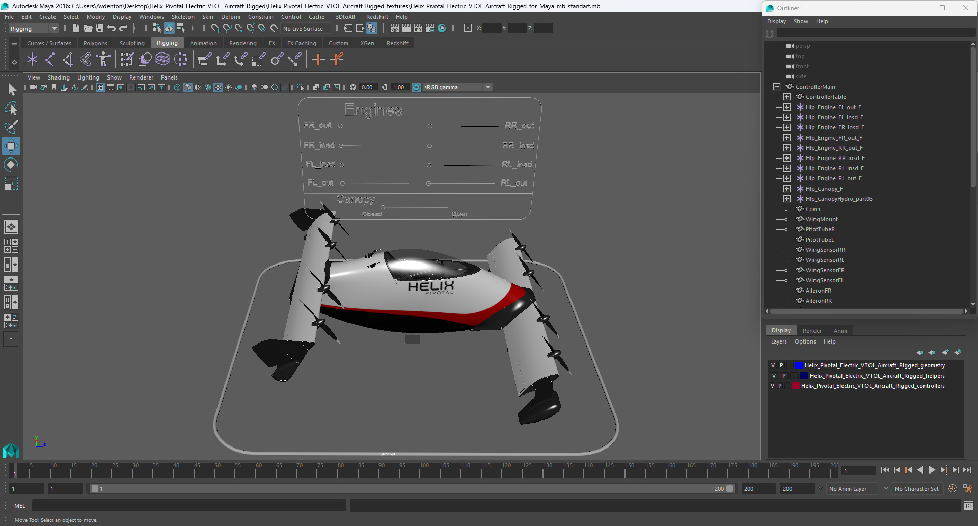 Helix Pivotal Electric VTOL Aircraft Rigged for Maya 3D