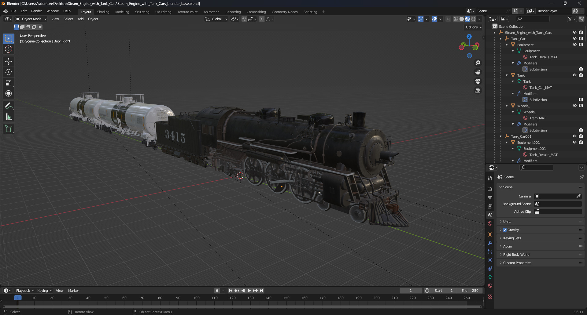 Steam Engine with Tank Cars 3D