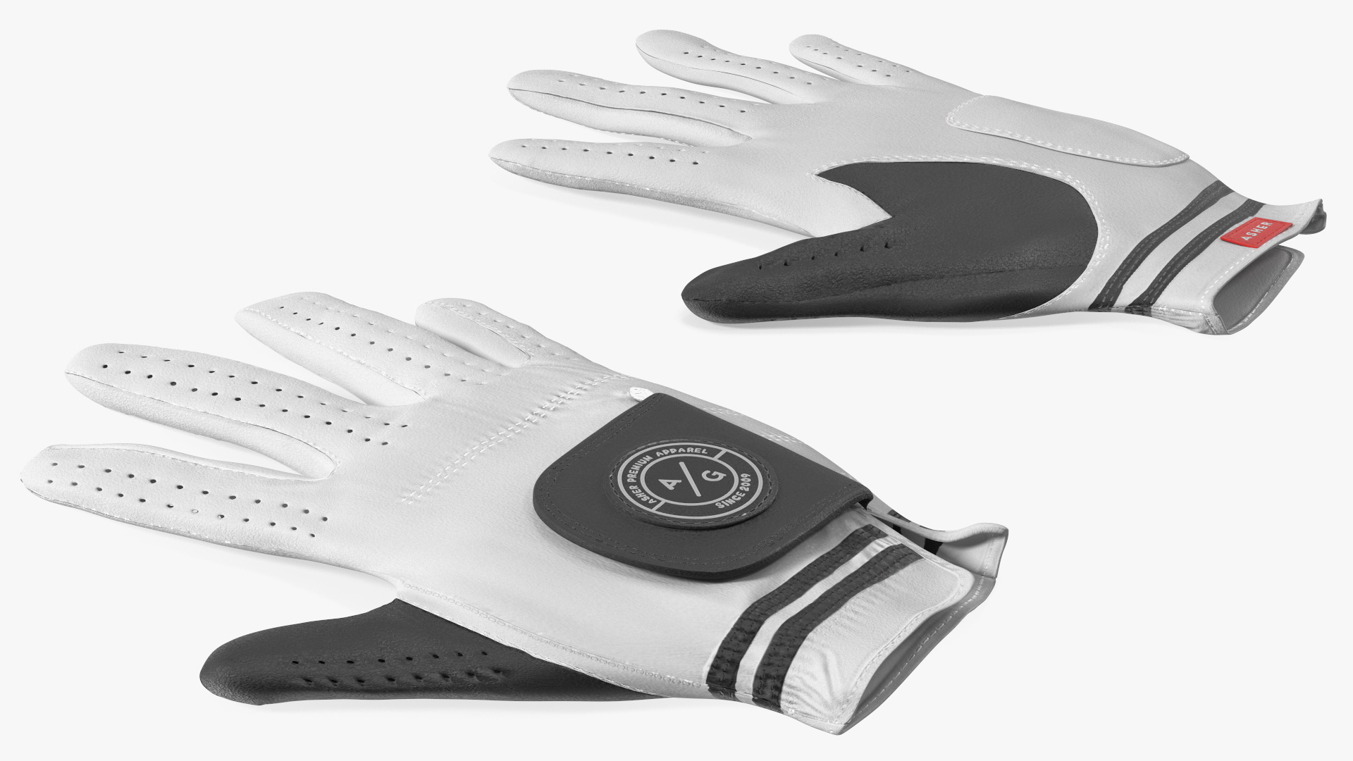 Asher Premium Golf Gloves White Lying 3D