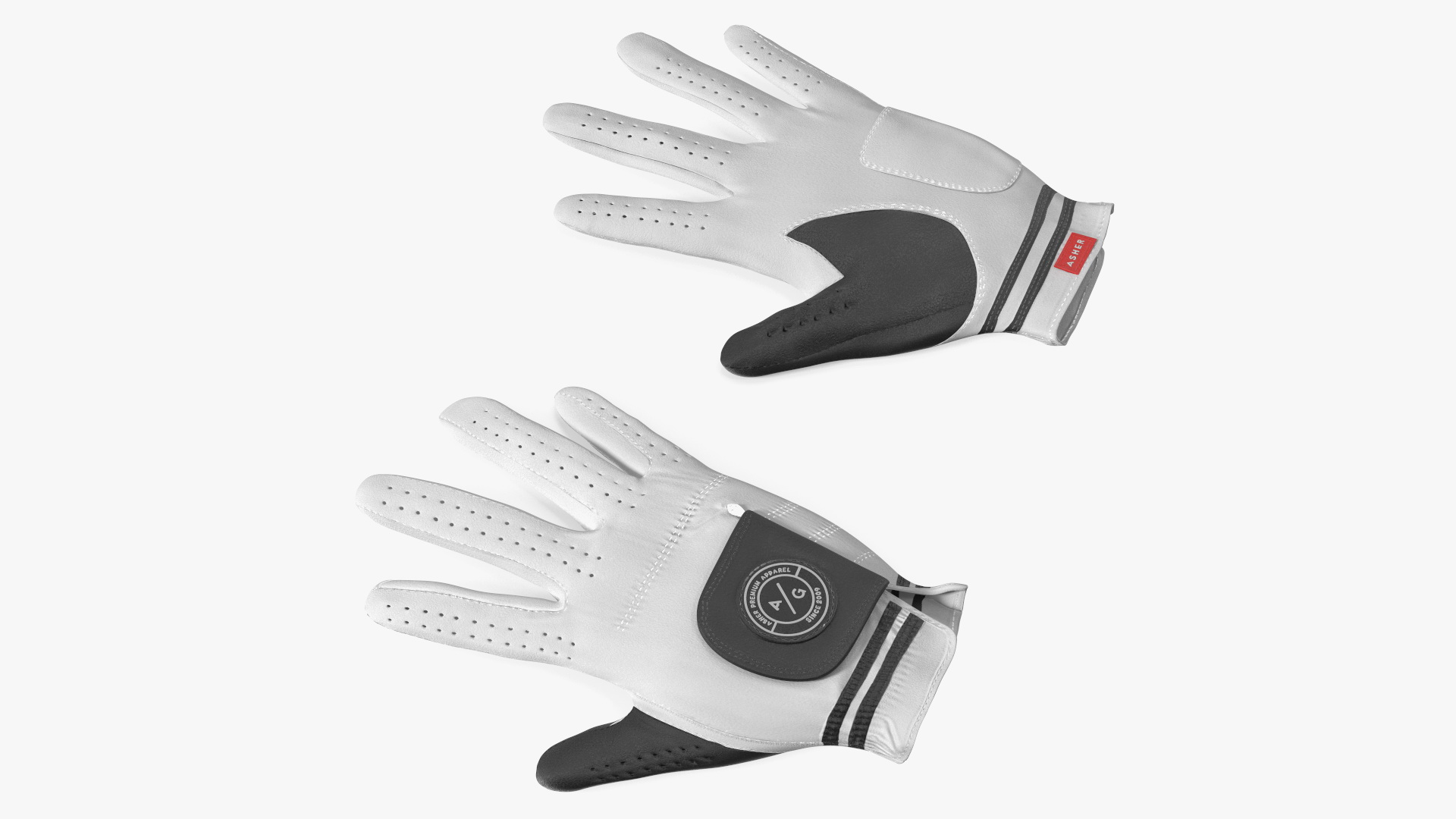 Asher Premium Golf Gloves White Lying 3D