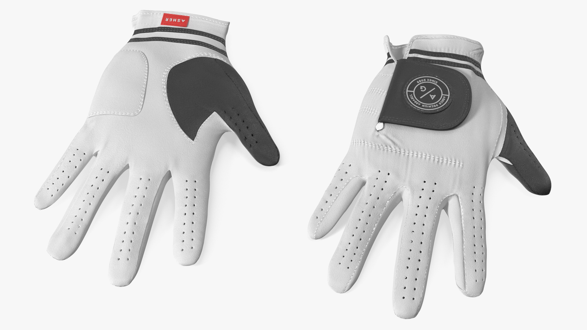 Asher Premium Golf Gloves White Lying 3D