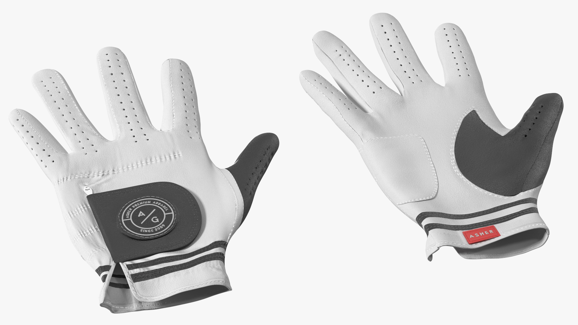 Asher Premium Golf Gloves White Lying 3D
