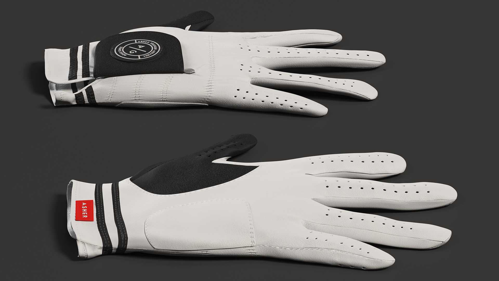 Asher Premium Golf Gloves White Lying 3D