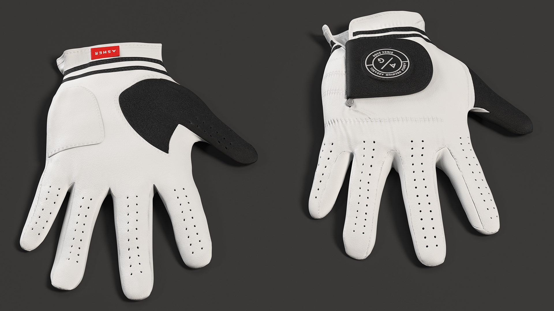 Asher Premium Golf Gloves White Lying 3D
