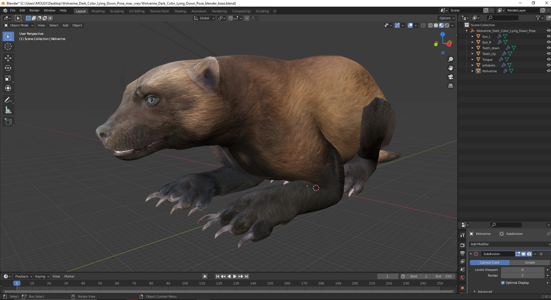 3D Wolverine Dark Color Lying Down Pose