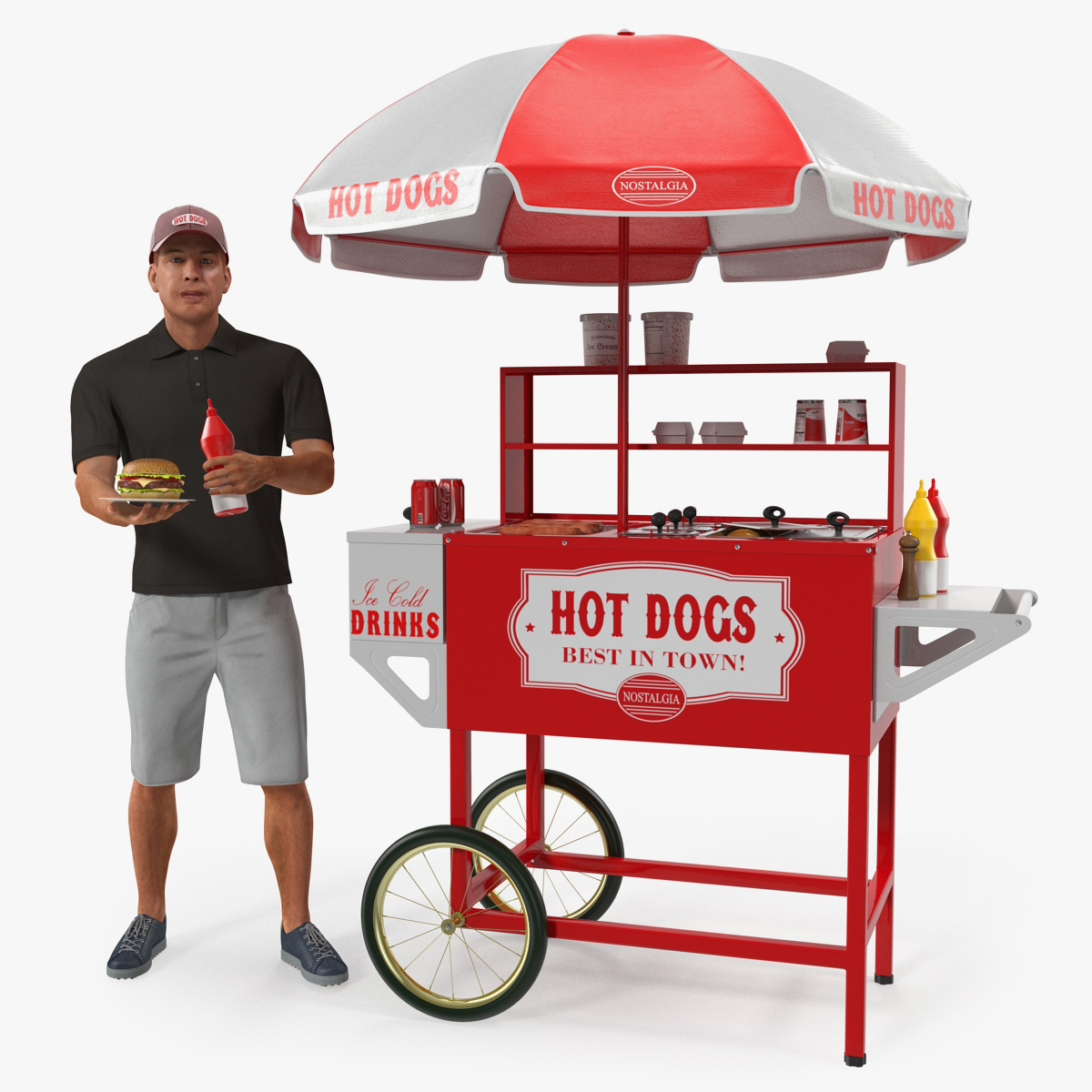 Hot Dog Cart with Vendor Rigged 3D Model, view 4