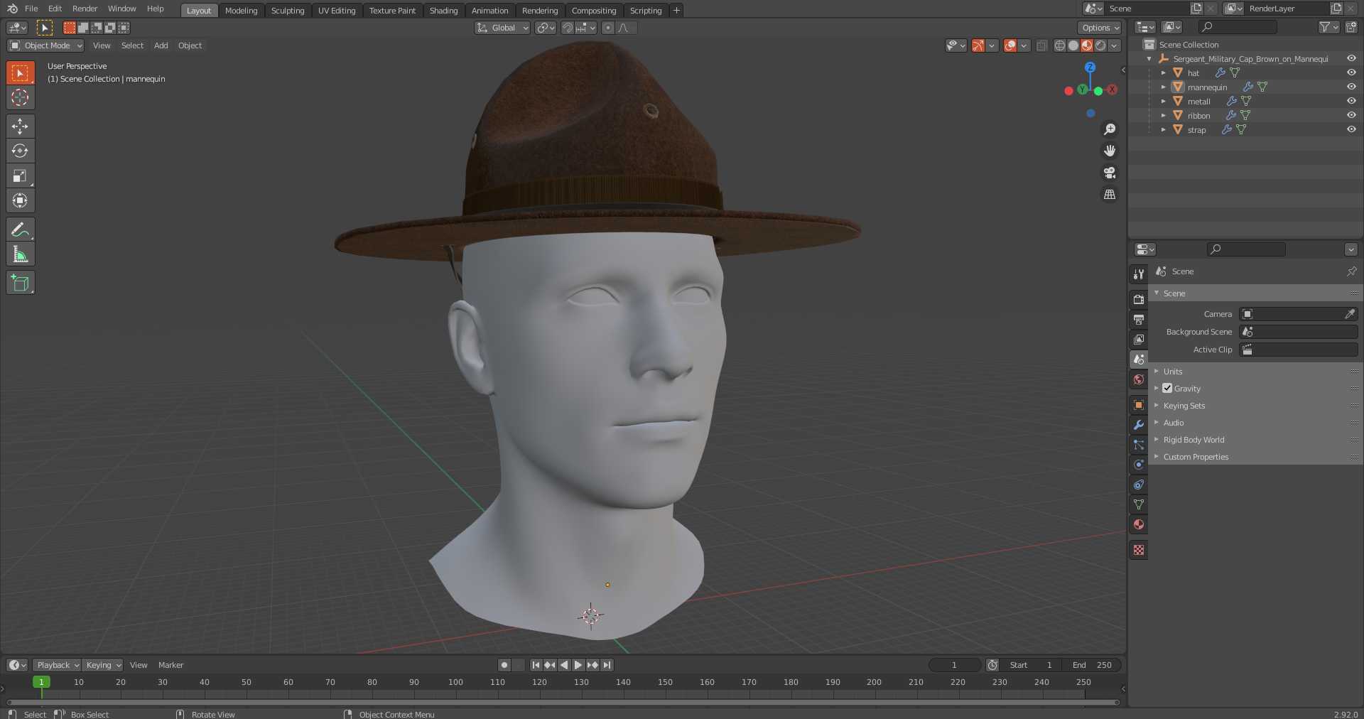 3D model Sergeant Military Cap Brown on Mannequin