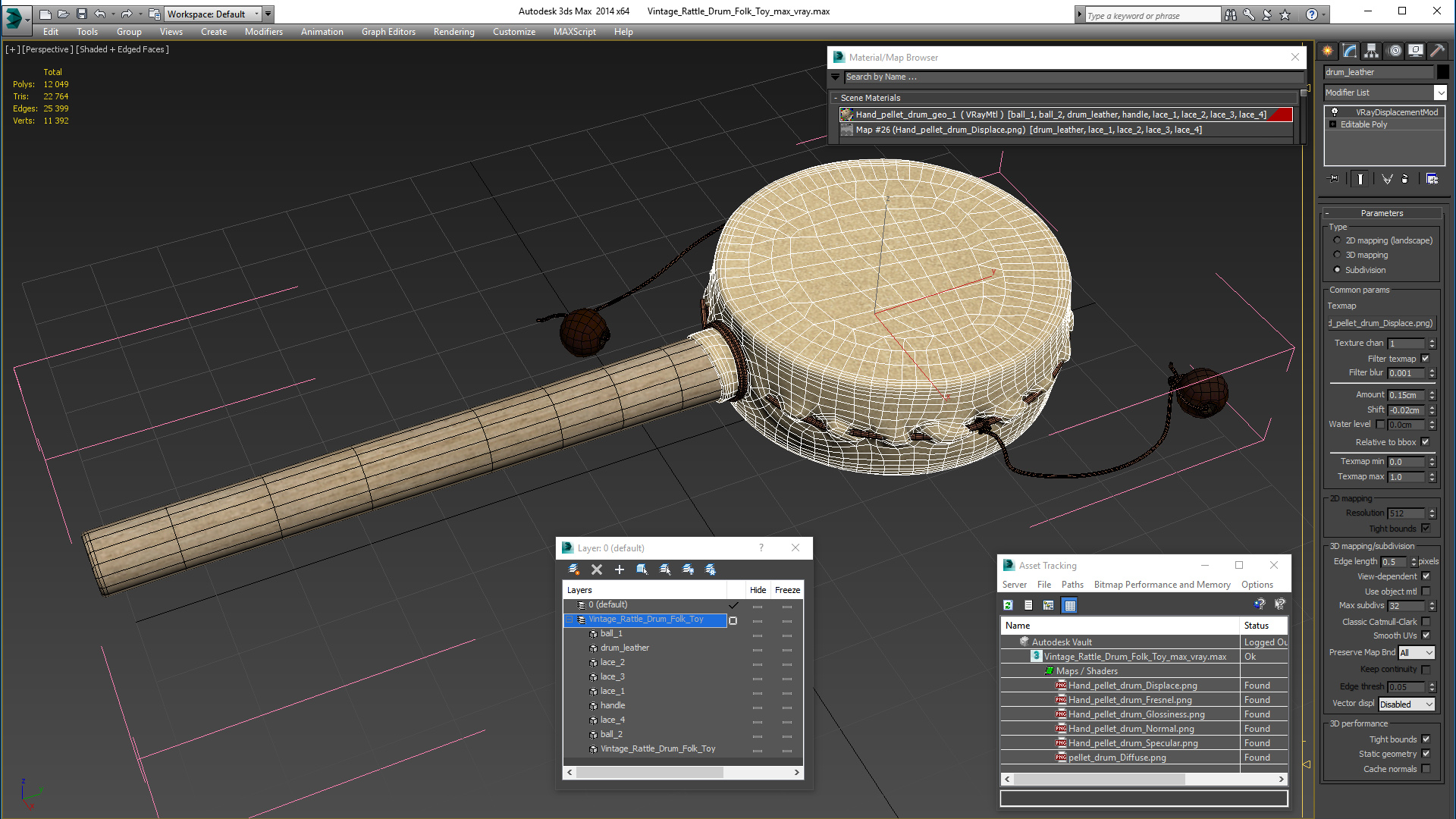 3D Vintage Rattle Drum Folk Toy model