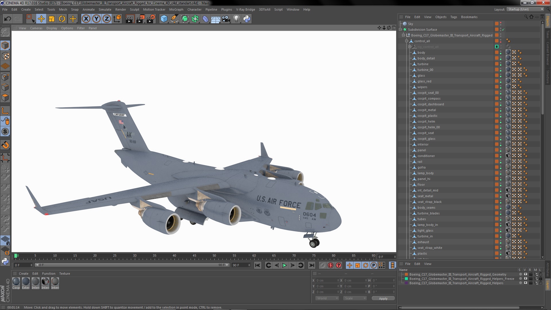 3D Boeing C17 Globemaster III Transport Aircraft Rigged for Cinema 4D