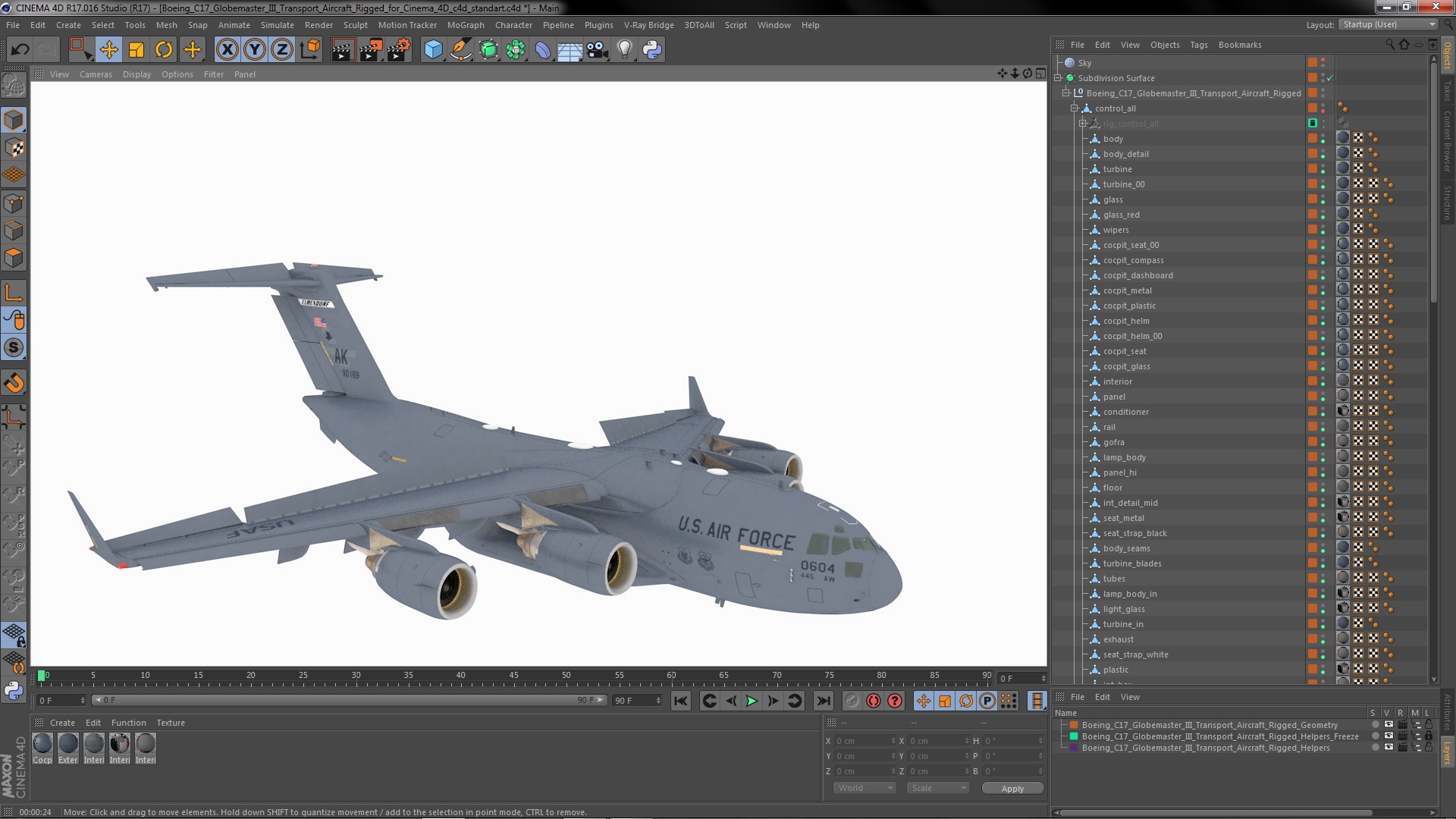 3D Boeing C17 Globemaster III Transport Aircraft Rigged for Cinema 4D