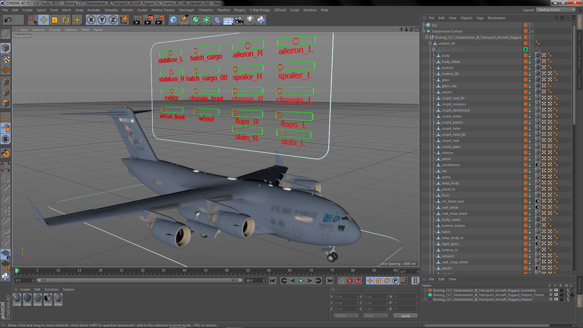 3D Boeing C17 Globemaster III Transport Aircraft Rigged for Cinema 4D