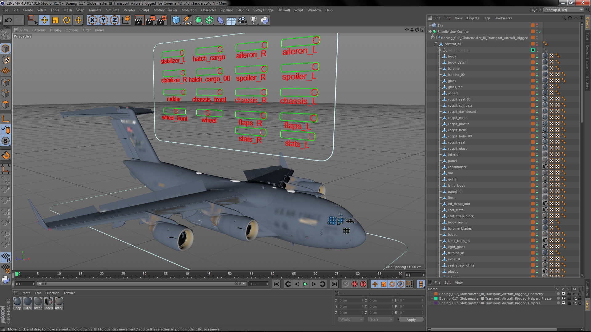 3D Boeing C17 Globemaster III Transport Aircraft Rigged for Cinema 4D