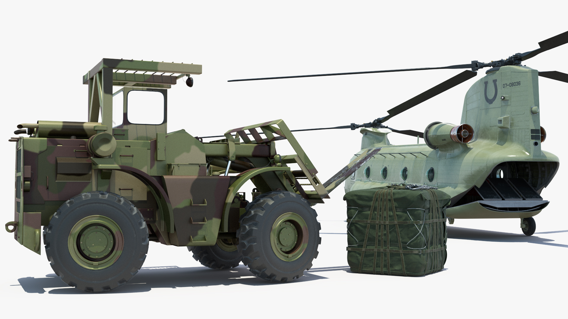 Forklift Loads Cargo to the Transport Helicopter CH 47 Chinook Rigged 3D model