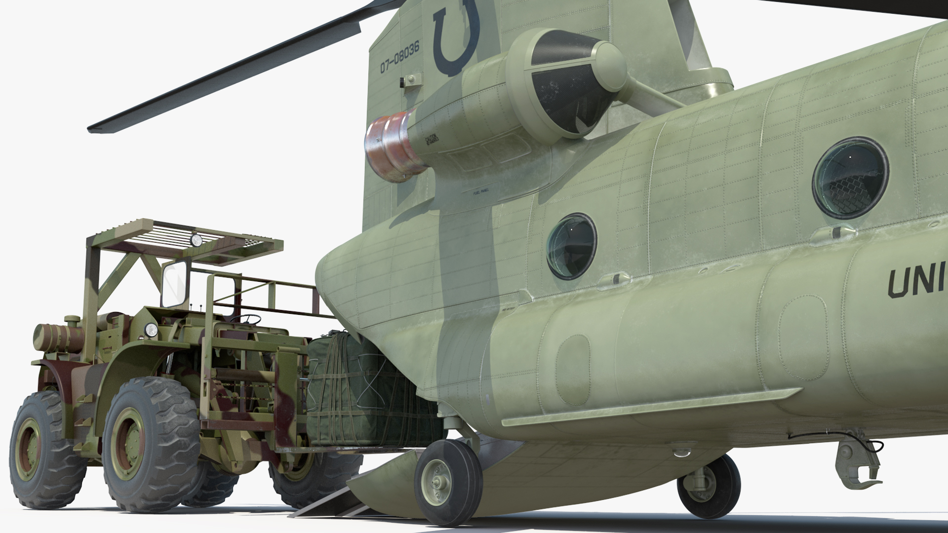 Forklift Loads Cargo to the Transport Helicopter CH 47 Chinook Rigged 3D model