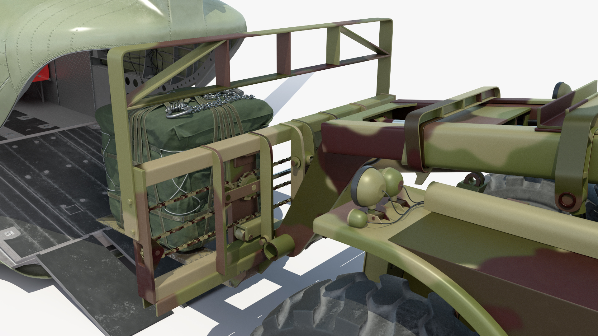 Forklift Loads Cargo to the Transport Helicopter CH 47 Chinook Rigged 3D model