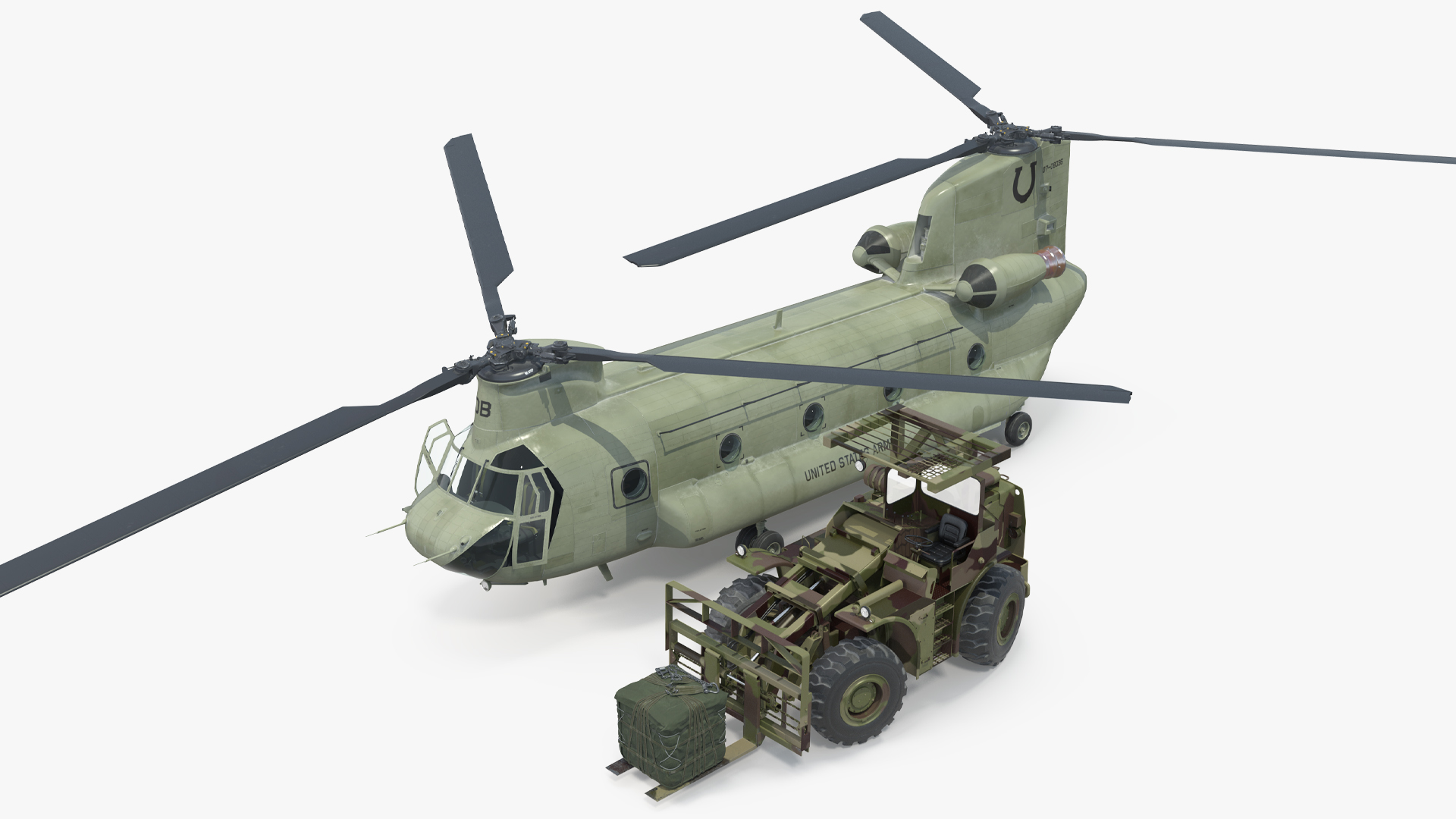 Forklift Loads Cargo to the Transport Helicopter CH 47 Chinook Rigged 3D model