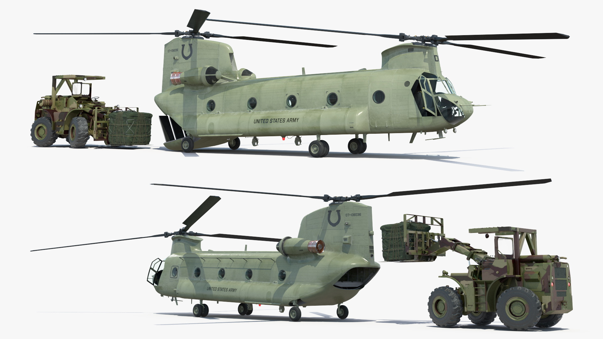 Forklift Loads Cargo to the Transport Helicopter CH 47 Chinook Rigged 3D model