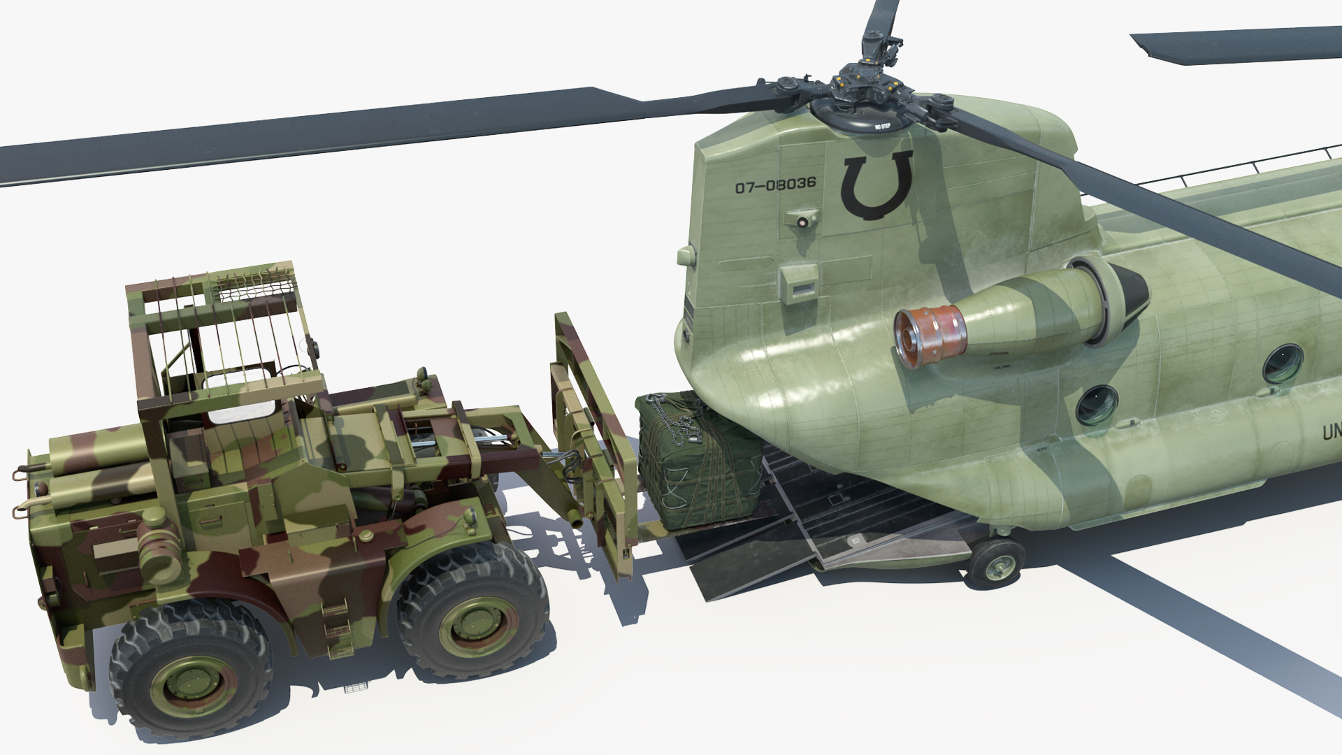 Forklift Loads Cargo to the Transport Helicopter CH 47 Chinook Rigged 3D model