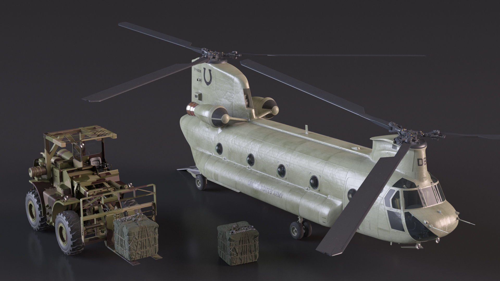 Forklift Loads Cargo to the Transport Helicopter CH 47 Chinook Rigged 3D model