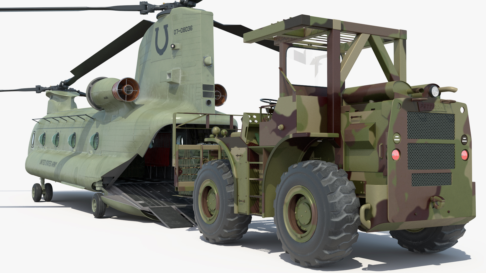 Forklift Loads Cargo to the Transport Helicopter CH 47 Chinook Rigged 3D model