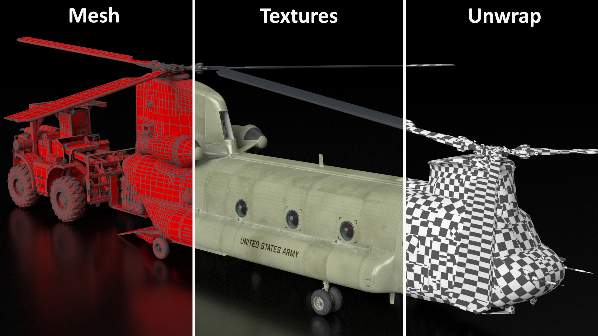 Forklift Loads Cargo to the Transport Helicopter CH 47 Chinook Rigged 3D model