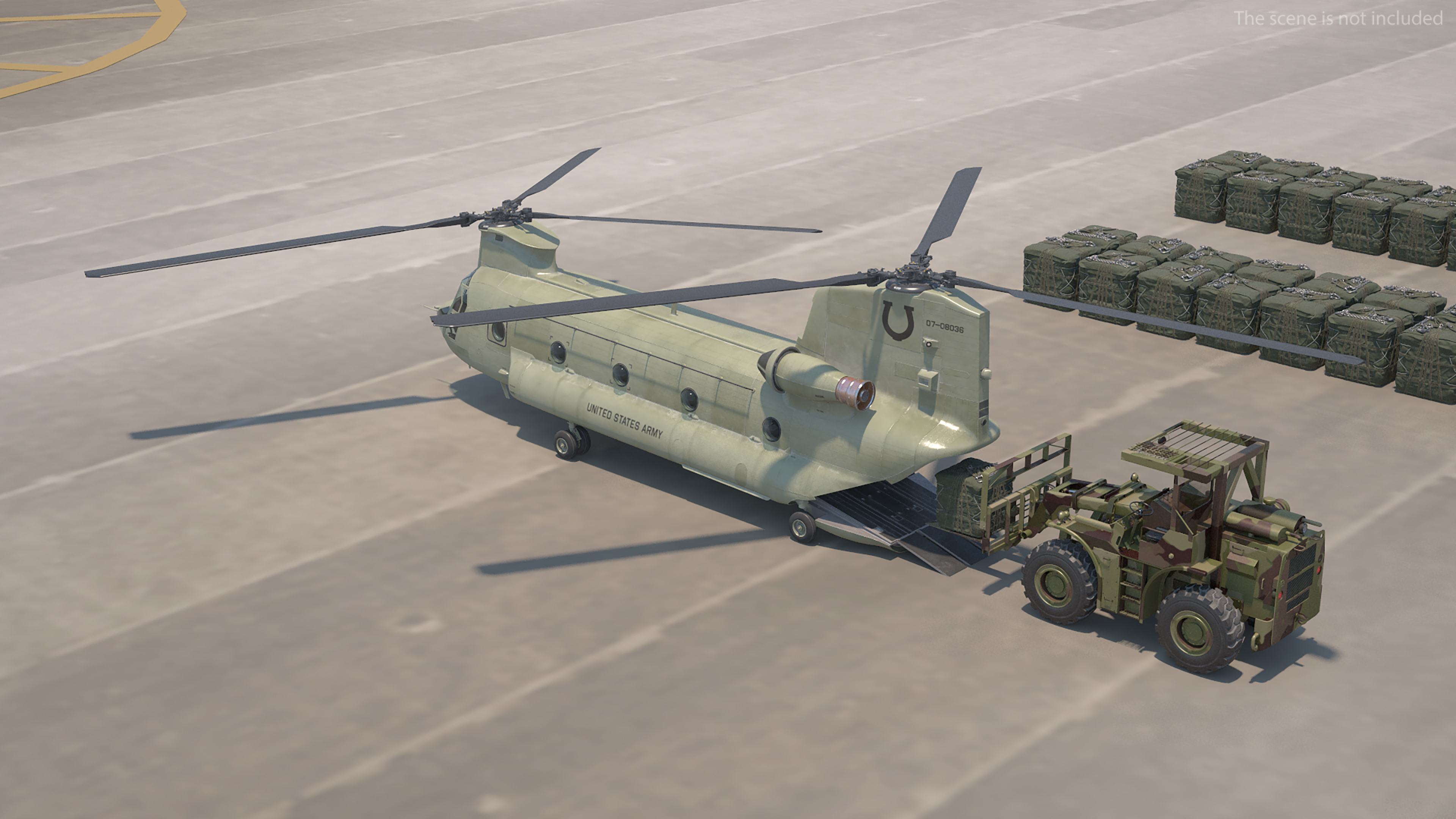 Forklift Loads Cargo to the Transport Helicopter CH 47 Chinook Rigged 3D model