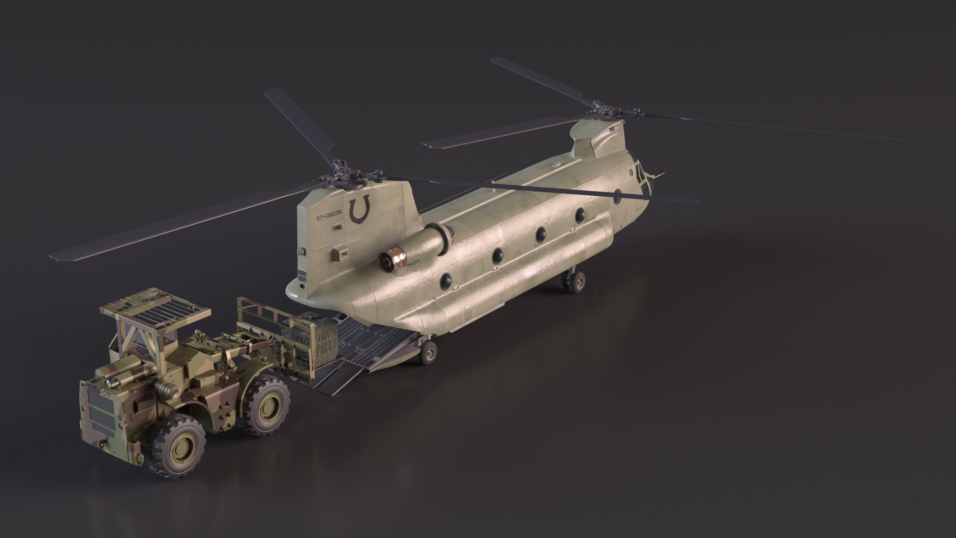 Forklift Loads Cargo to the Transport Helicopter CH 47 Chinook Rigged 3D model