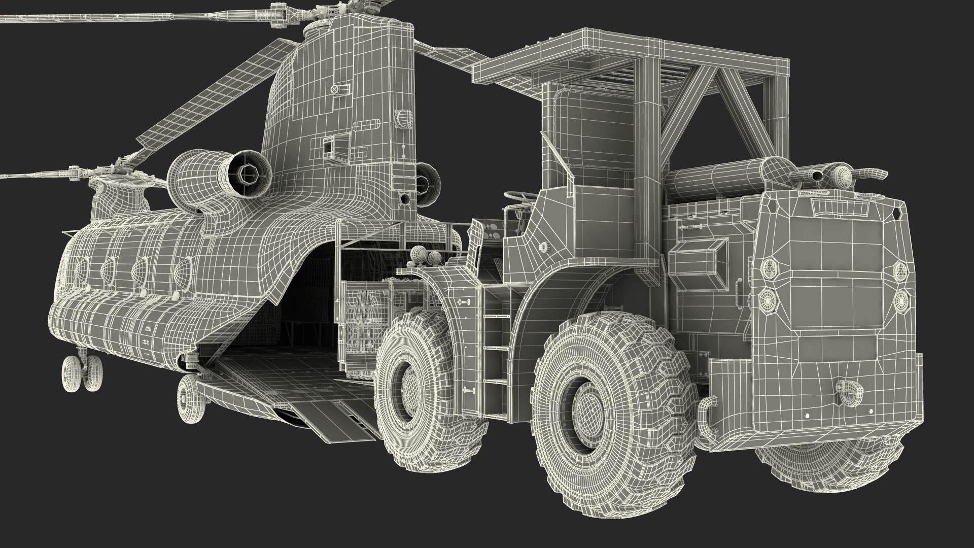 Forklift Loads Cargo to the Transport Helicopter CH 47 Chinook Rigged 3D model