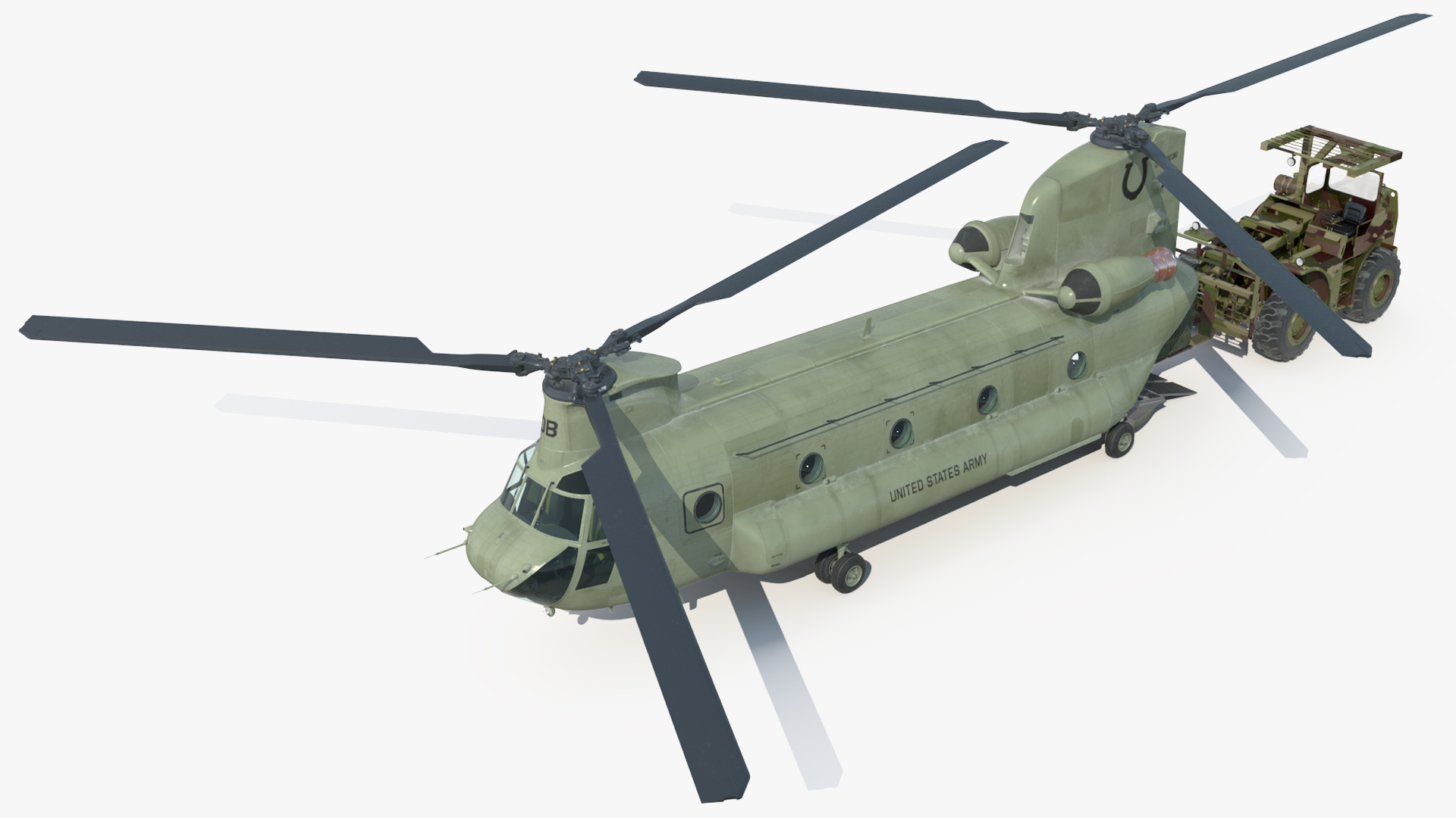 Forklift Loads Cargo to the Transport Helicopter CH 47 Chinook Rigged 3D model