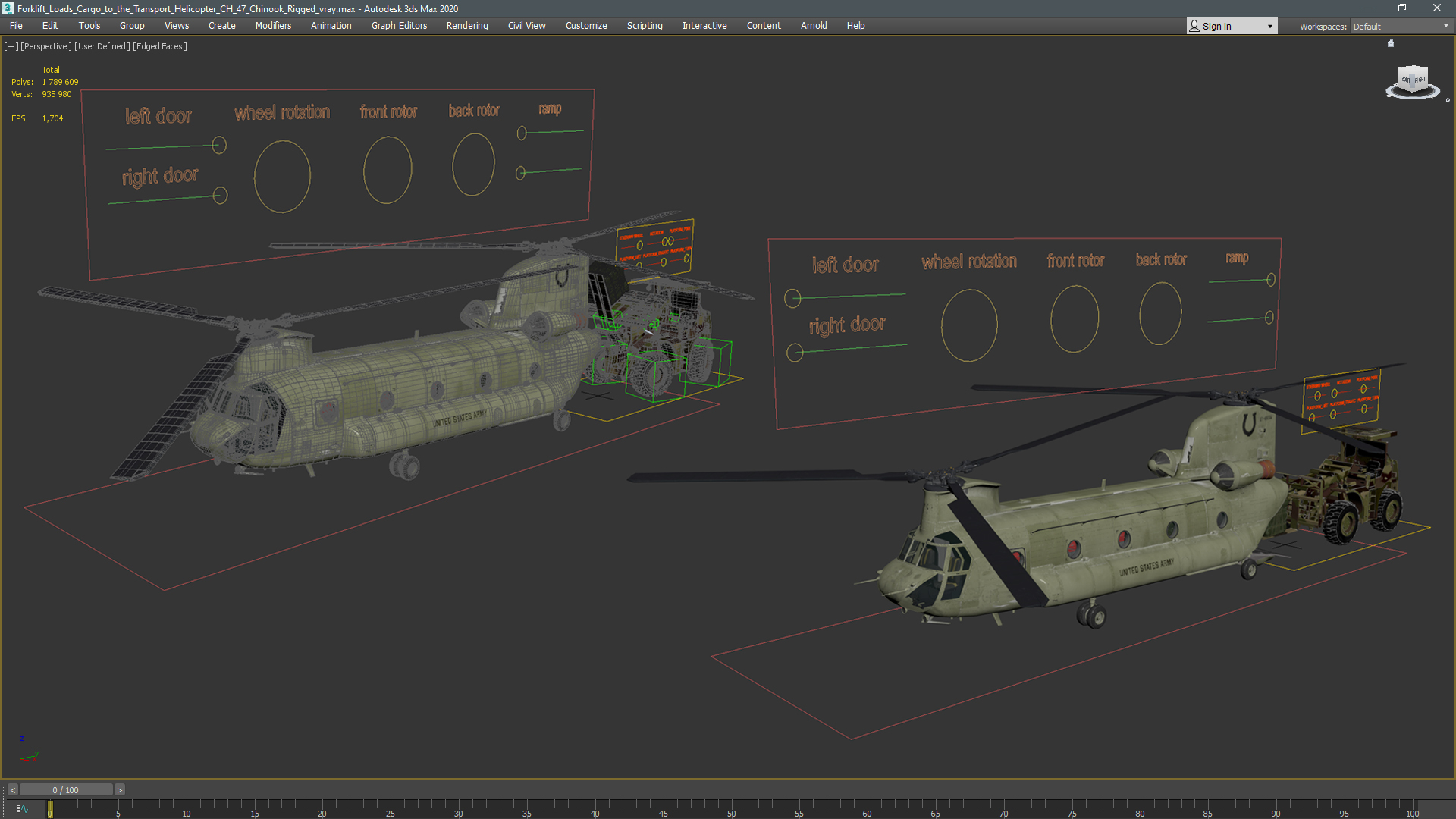 Forklift Loads Cargo to the Transport Helicopter CH 47 Chinook Rigged 3D model