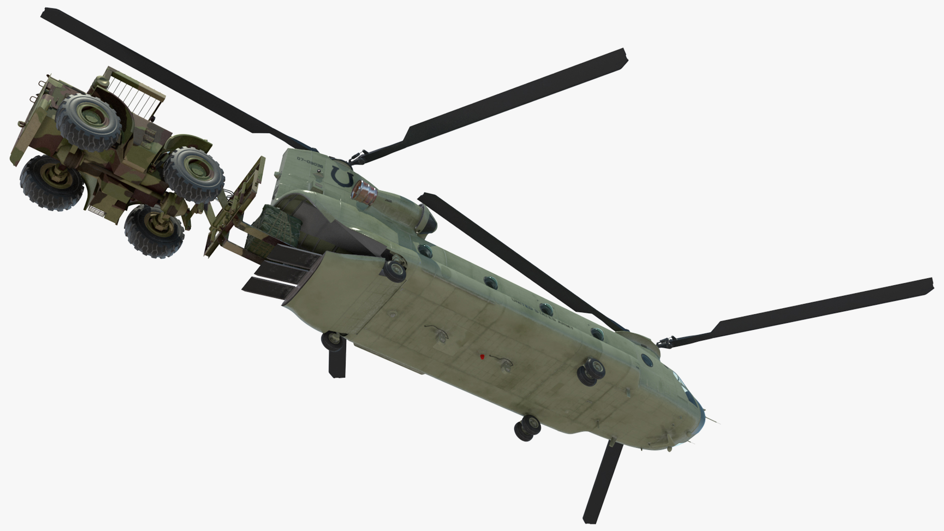 Forklift Loads Cargo to the Transport Helicopter CH 47 Chinook Rigged 3D model