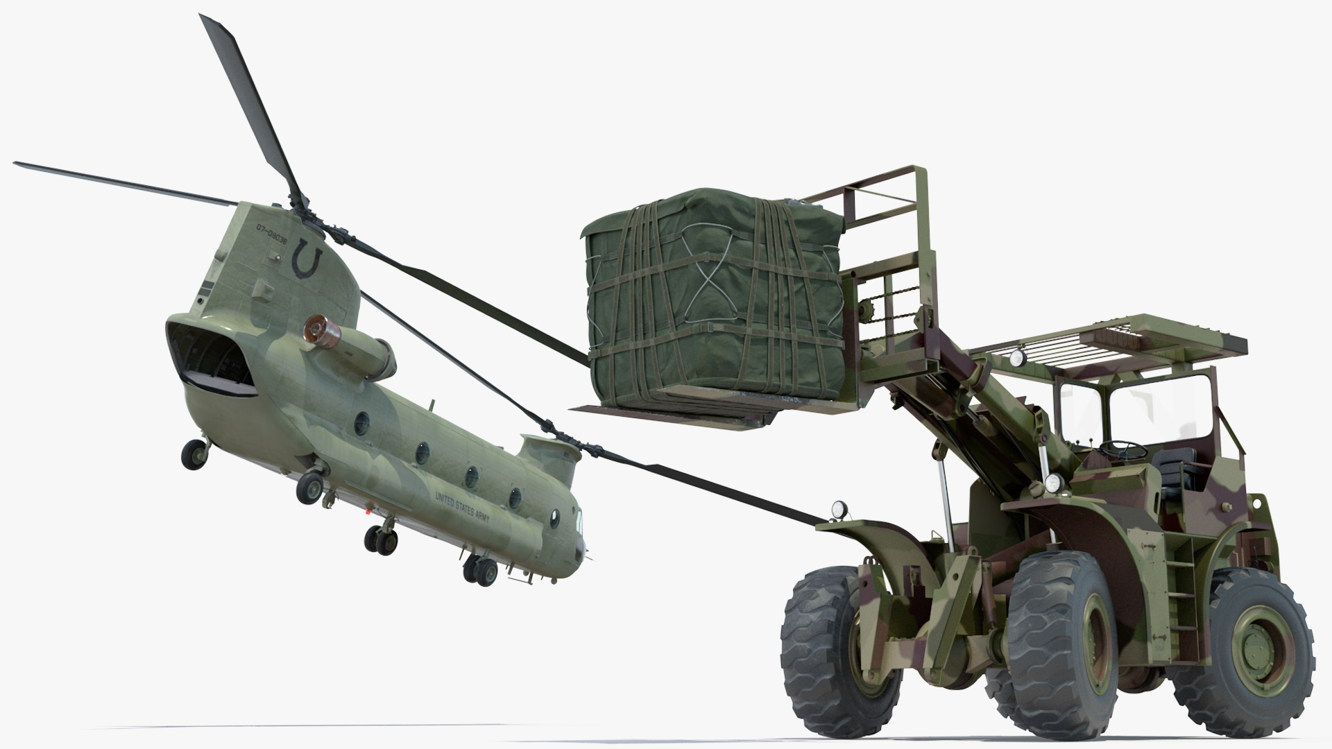 Forklift Loads Cargo to the Transport Helicopter CH 47 Chinook Rigged 3D model
