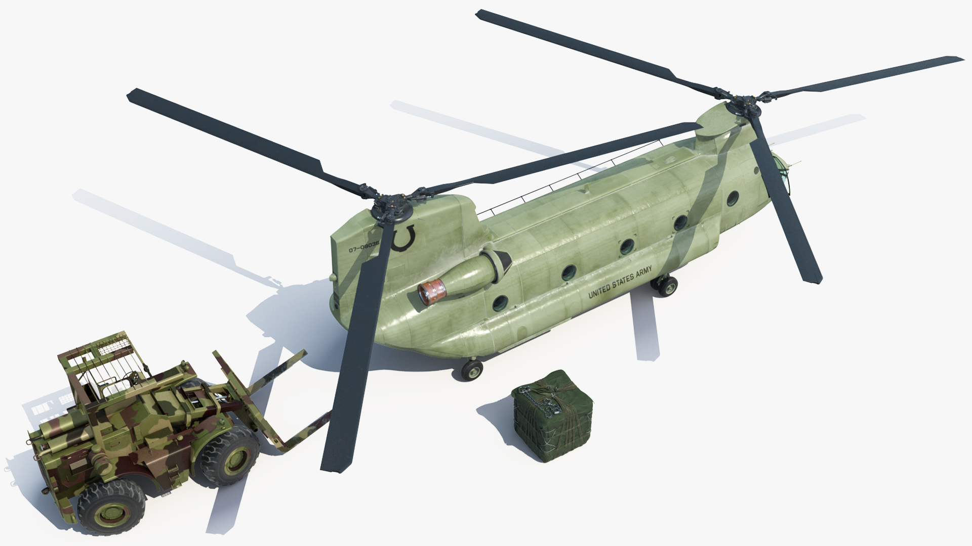 Forklift Loads Cargo to the Transport Helicopter CH 47 Chinook Rigged 3D model