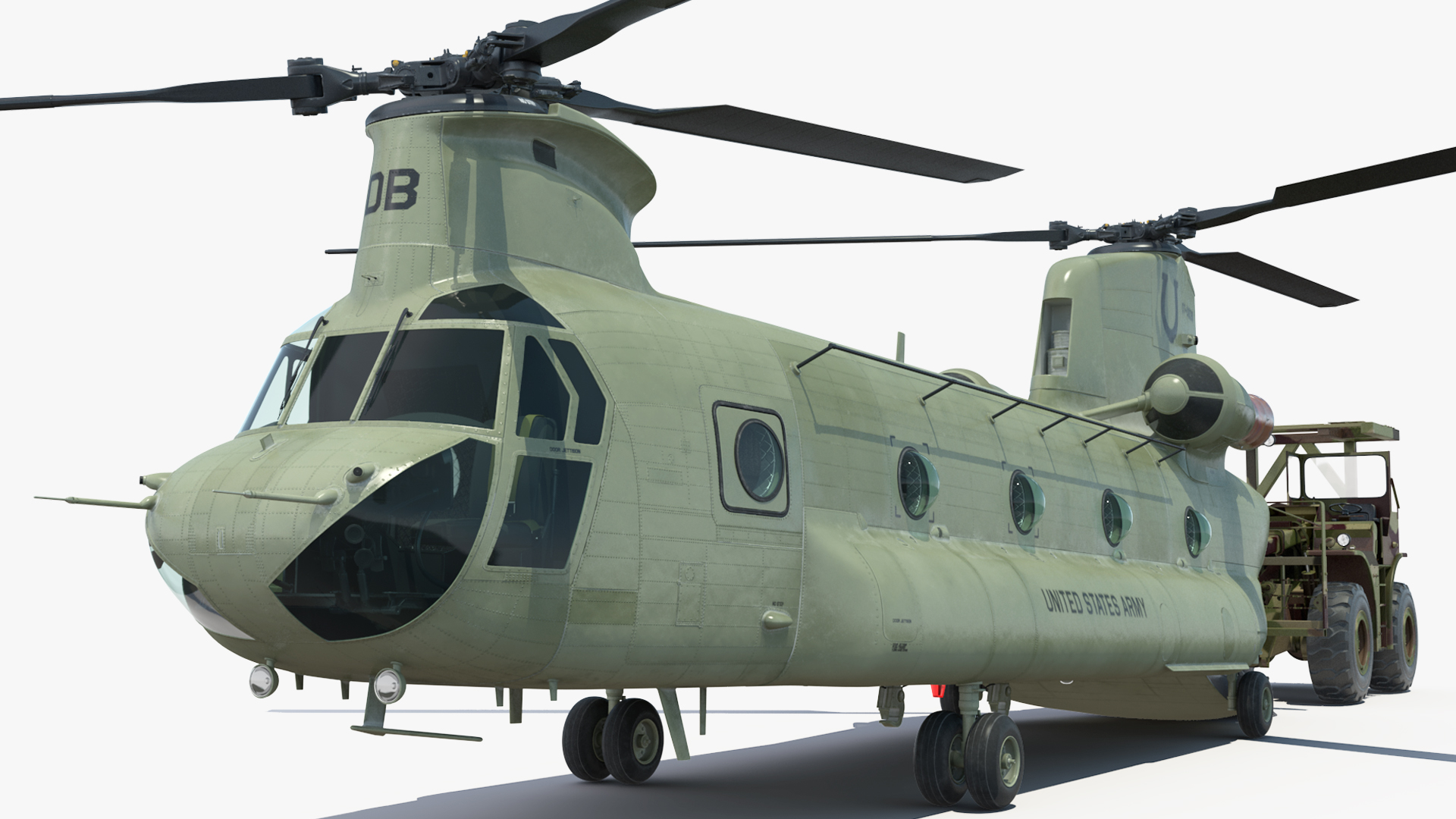 Forklift Loads Cargo to the Transport Helicopter CH 47 Chinook Rigged 3D model