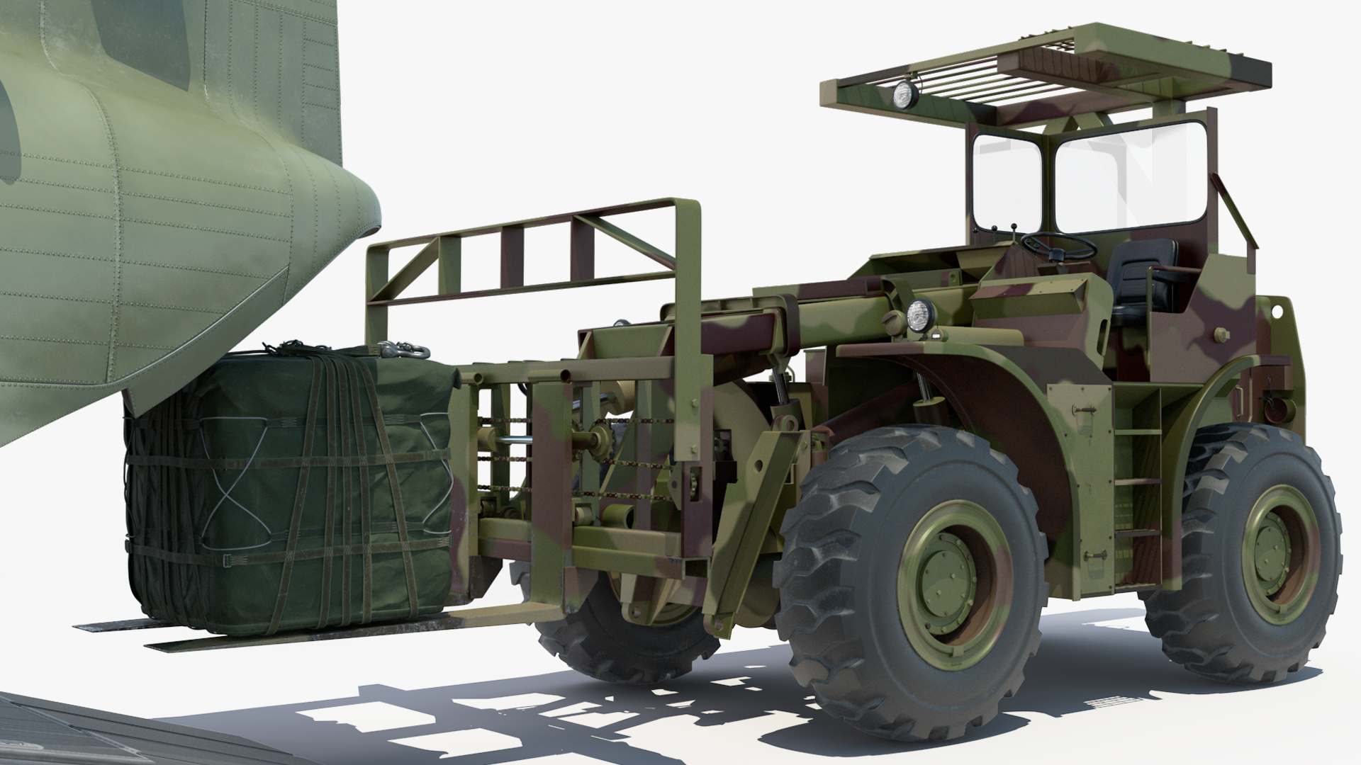Forklift Loads Cargo to the Transport Helicopter CH 47 Chinook Rigged 3D model