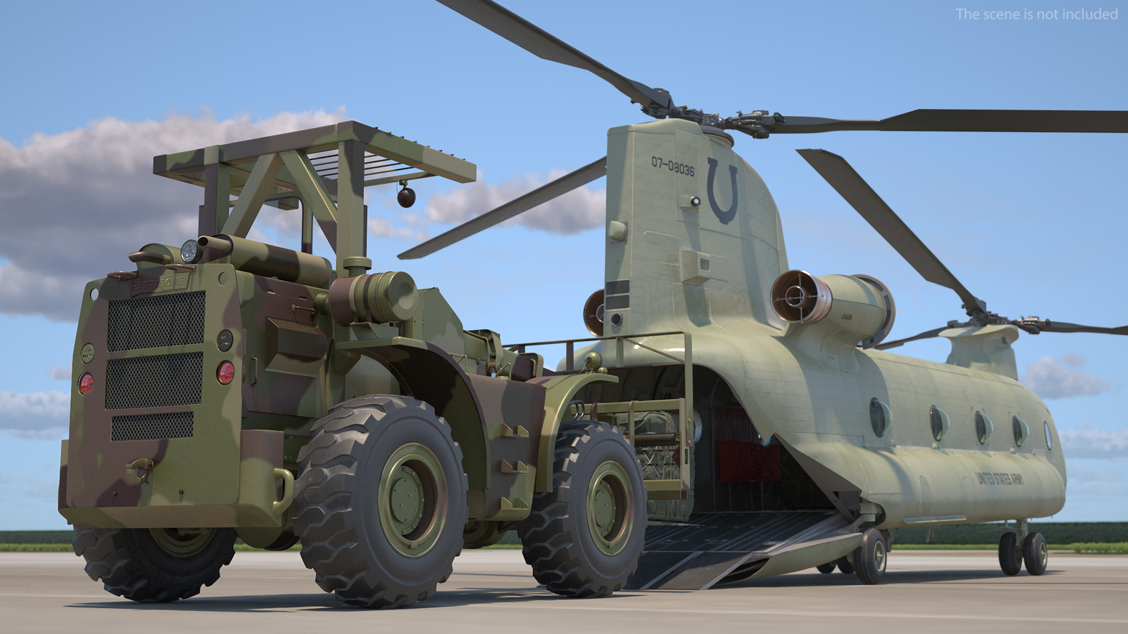 Forklift Loads Cargo to the Transport Helicopter CH 47 Chinook Rigged 3D model