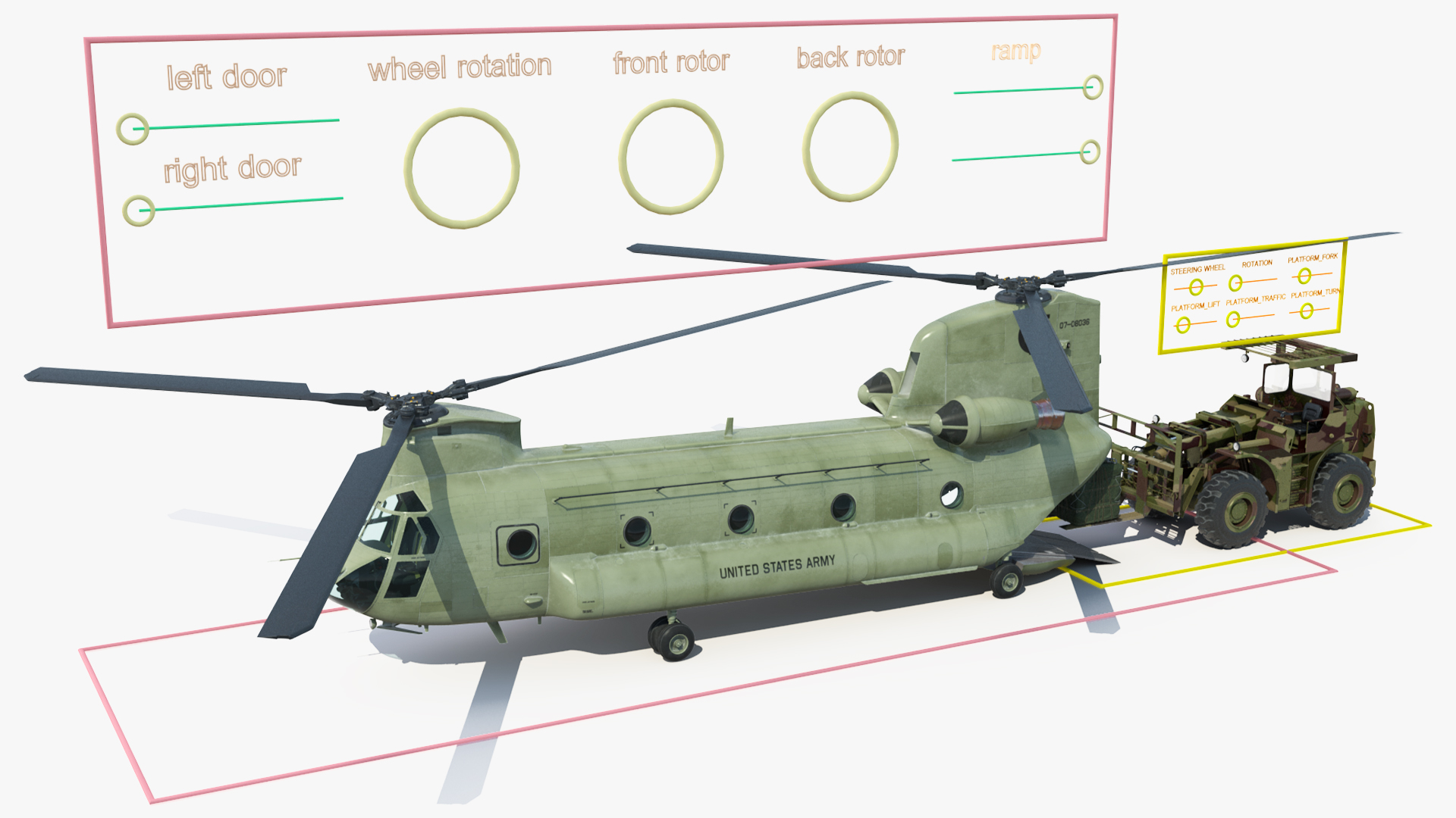 Forklift Loads Cargo to the Transport Helicopter CH 47 Chinook Rigged 3D model