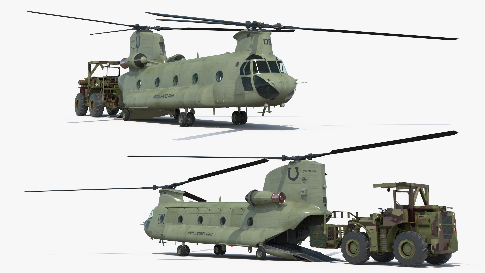 Forklift Loads Cargo to the Transport Helicopter CH 47 Chinook Rigged 3D model