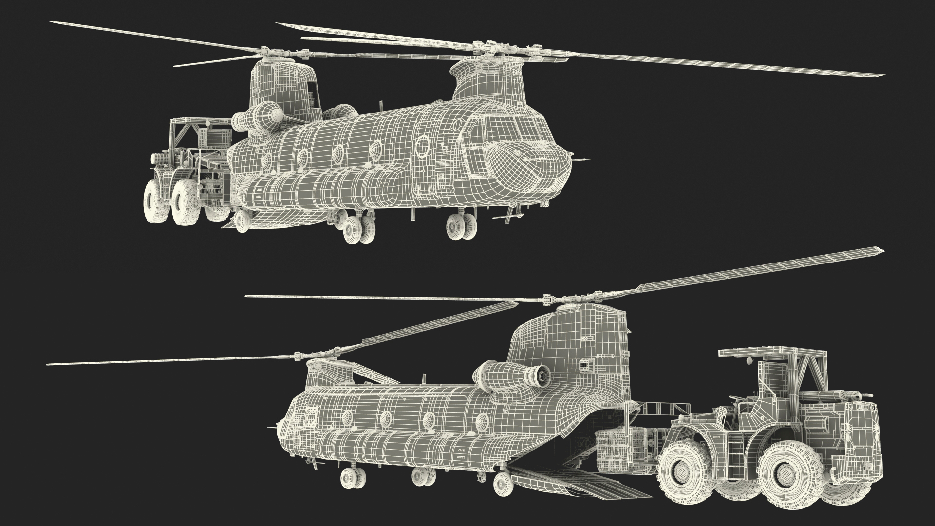 Forklift Loads Cargo to the Transport Helicopter CH 47 Chinook Rigged 3D model