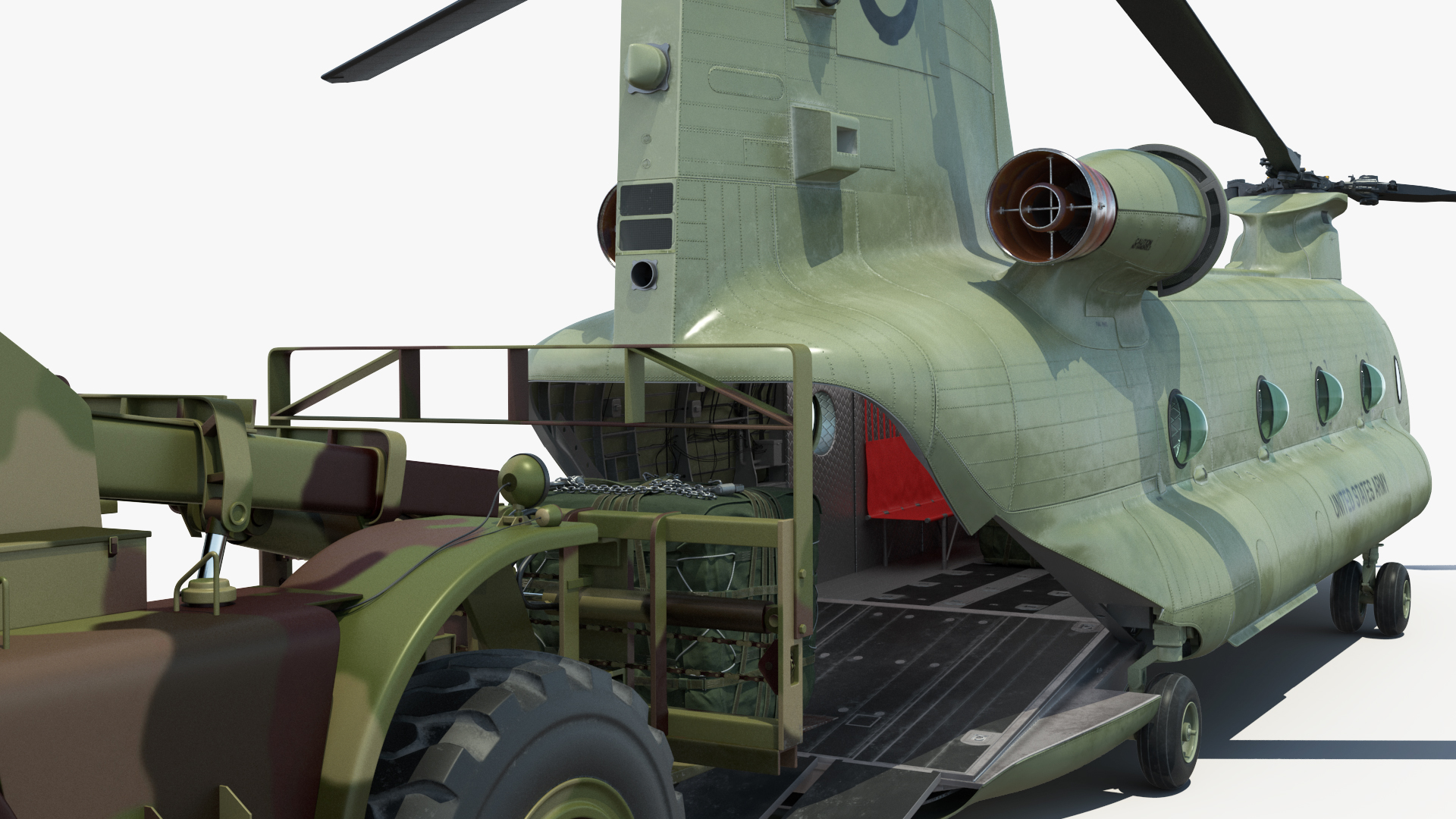 Forklift Loads Cargo to the Transport Helicopter CH 47 Chinook Rigged 3D model