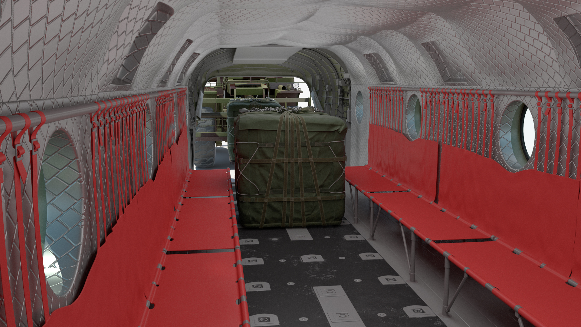 Forklift Loads Cargo to the Transport Helicopter CH 47 Chinook Rigged 3D model