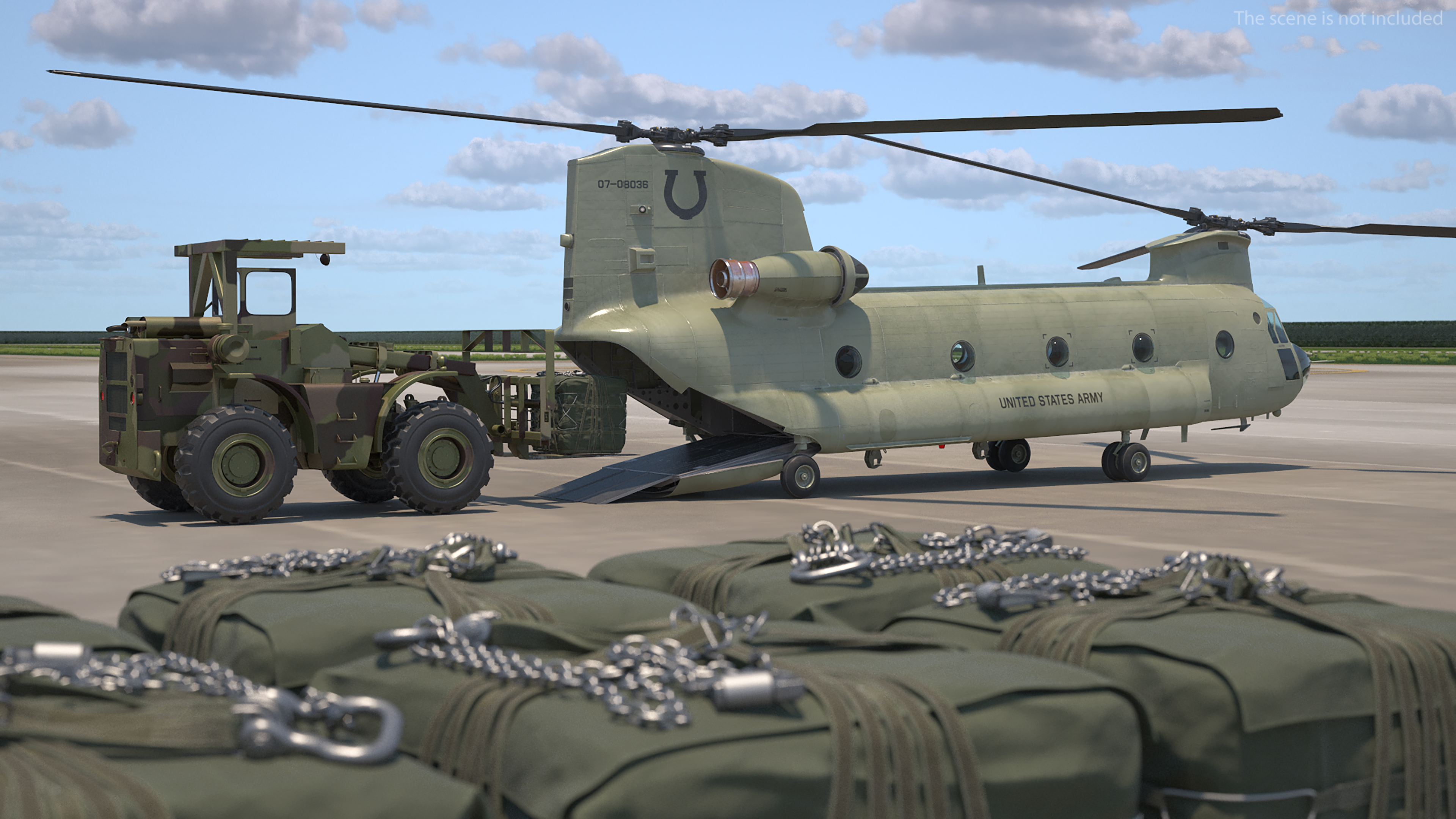 Forklift Loads Cargo to the Transport Helicopter CH 47 Chinook Rigged 3D model