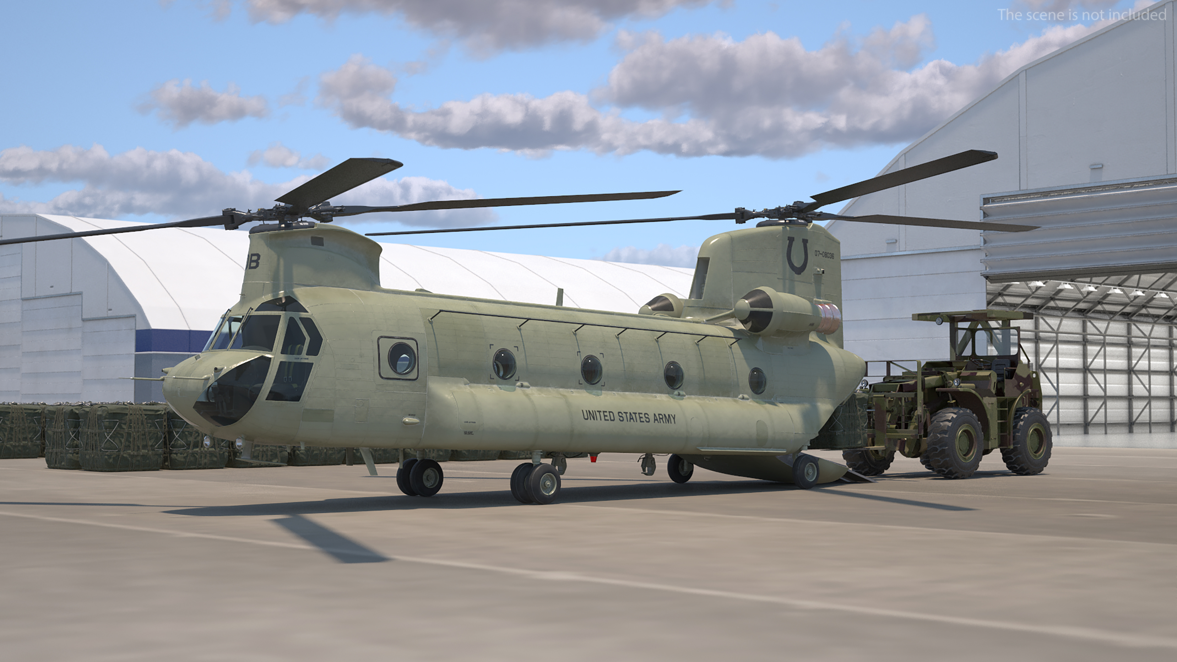 Forklift Loads Cargo to the Transport Helicopter CH 47 Chinook Rigged 3D model